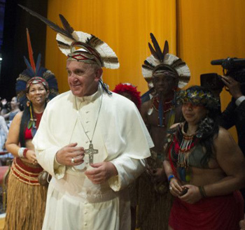 Pope Francis using a feather hat